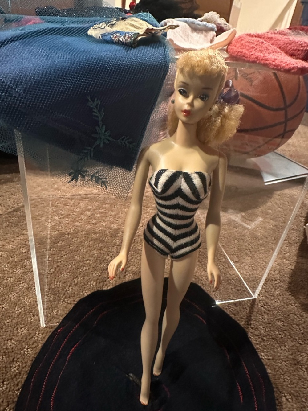 Mattel Blonde Barbie in Black and White Striped Swimsuit with Purple Hair Bow